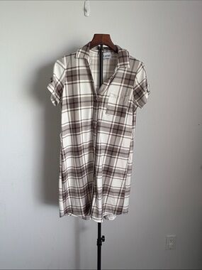 J for Justify Cream and Brown Plaid Short Sleeve Shirt Dress women M